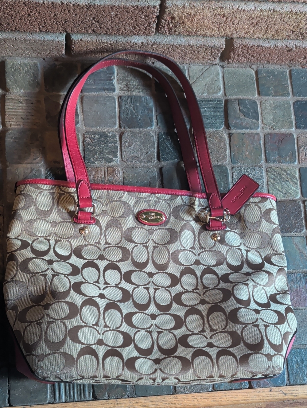 Coach Brown Signature Canvas Tote with Pink Trim